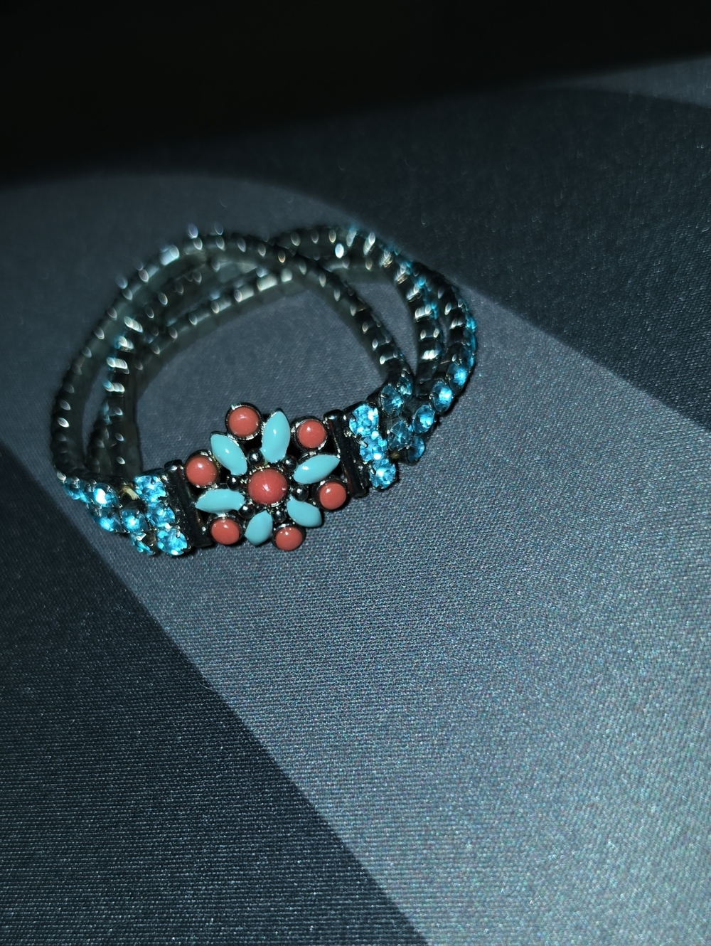 Floral Crystal Stretch Bracelet - Blue and Coral